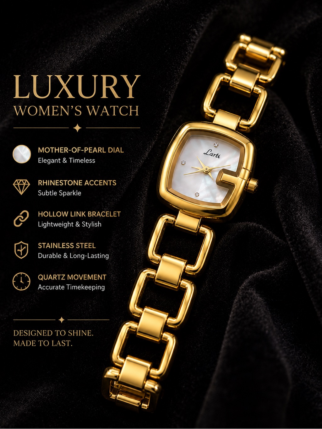 Gold Color Hollow Link Bracelet Watch With MotherOfPearl Dial